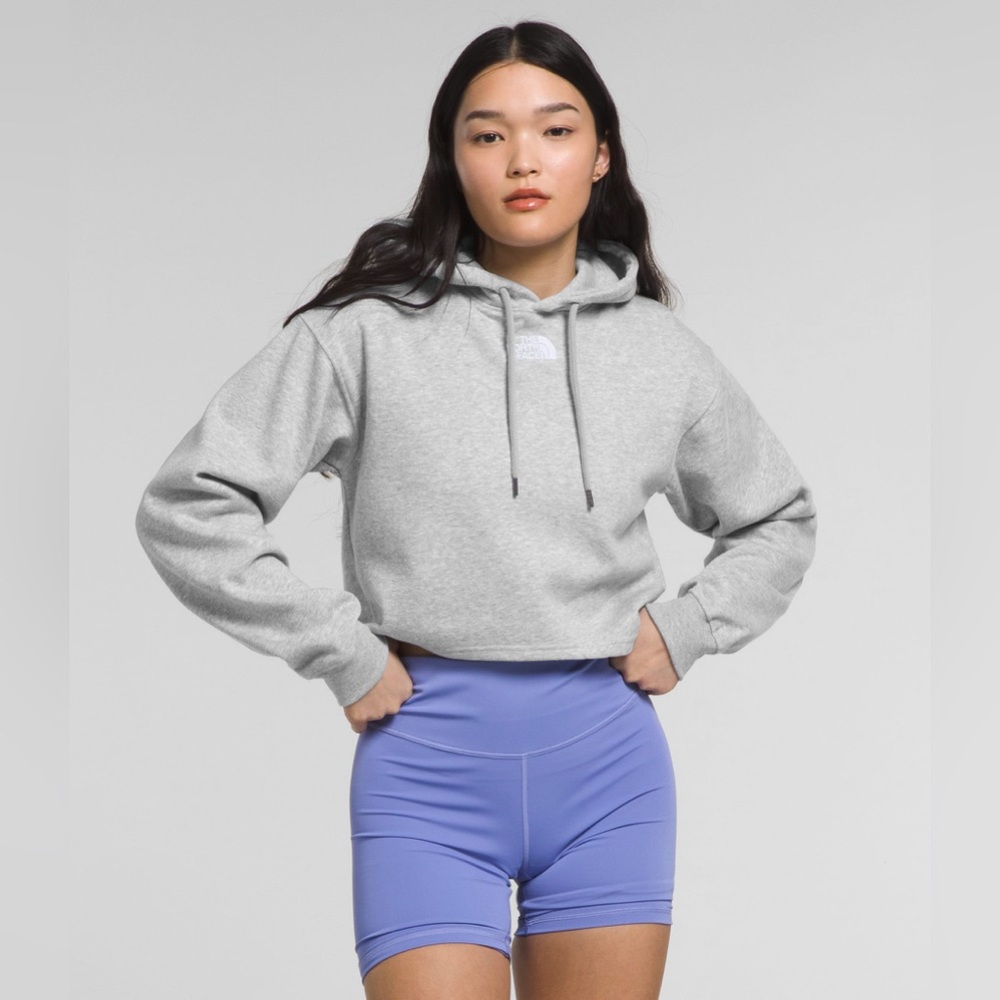 The North Face Gray Box Logo Cropped Fleece Hoodie Sweatshirt S